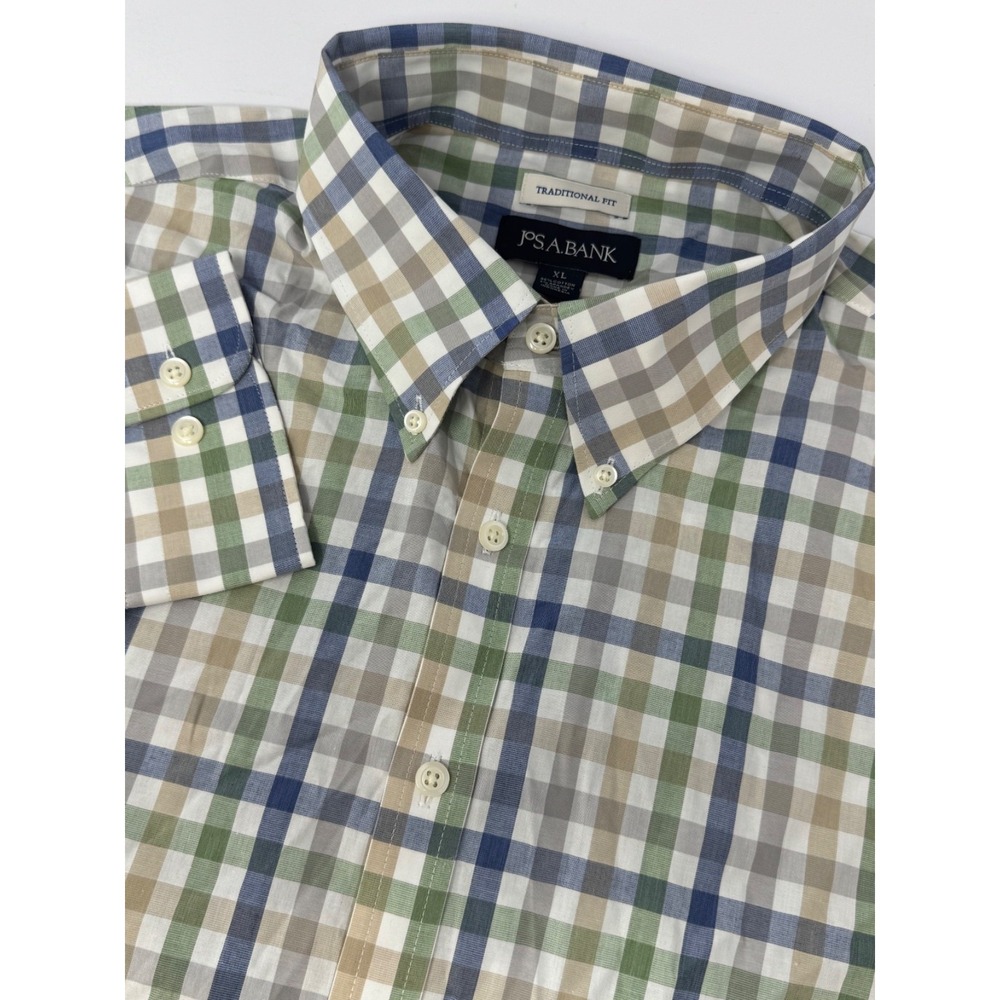 Jos A Bank Traditional Fit Shirt Size XL Blue/Green/Tan Plaid Stretch G1